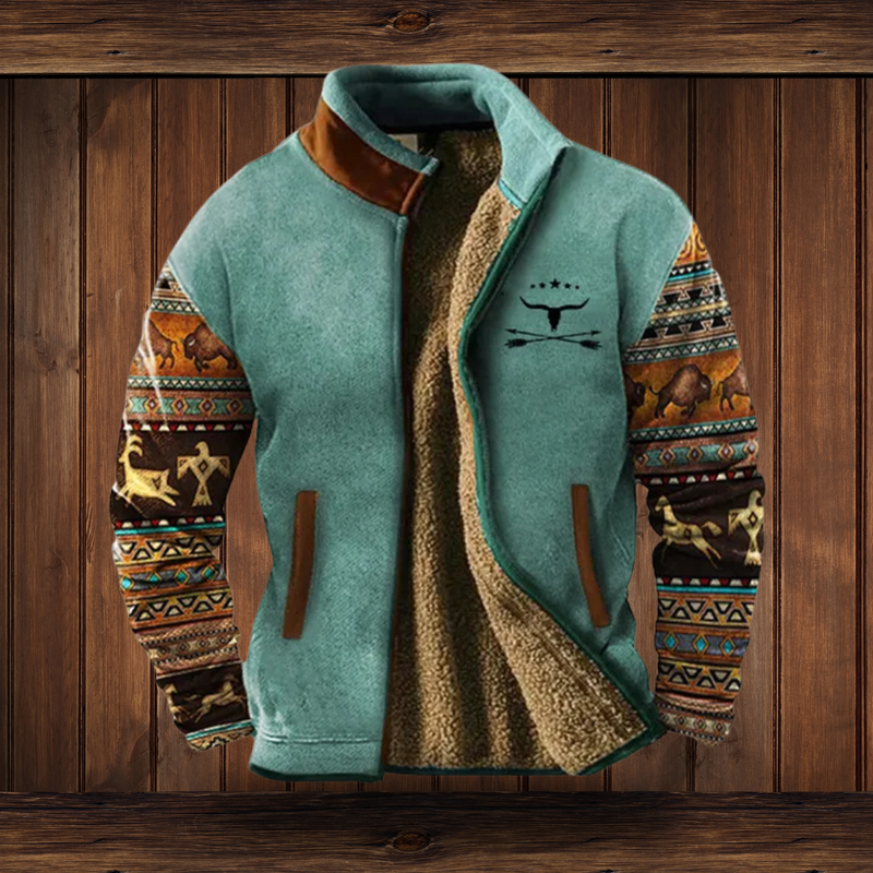 Chaqueta de efecto borreguito con cuello alto para mujer en turquesa – con mangas estampadas – vista frontal