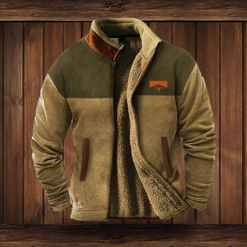 Chaqueta de efecto borreguito con cuello alto para mujer en caqui – en dos tonos – vista frontal