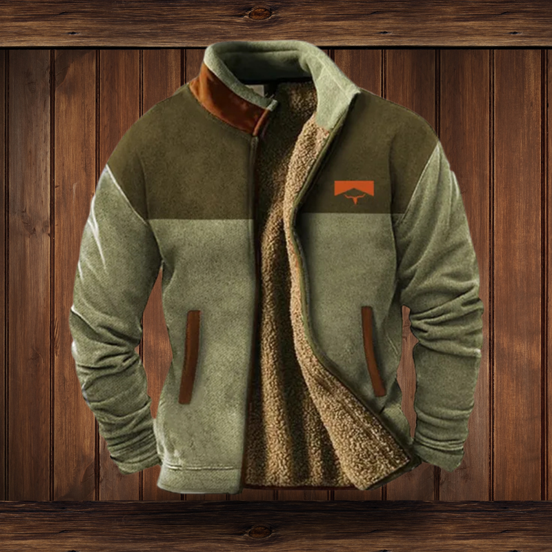 Chaqueta de efecto borreguito con cuello alto para mujer en verde oliva – en dos tonos – vista frontal