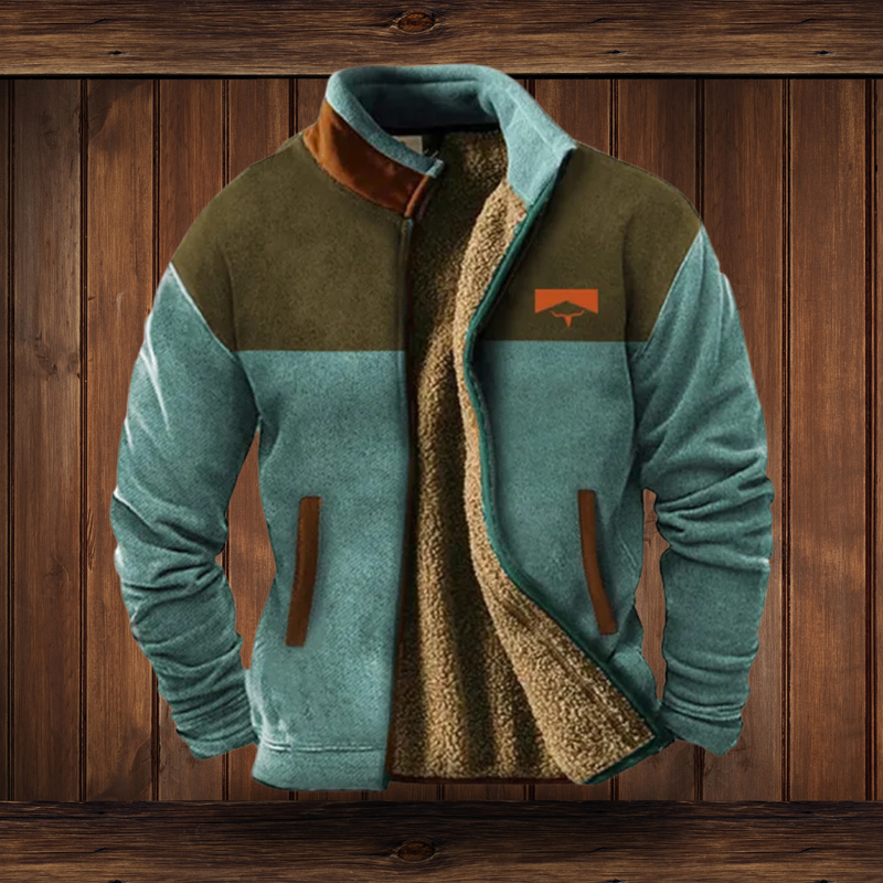 Chaqueta de efecto borreguito con cuello alto para mujer en azul verdoso – en dos tonos – vista frontal