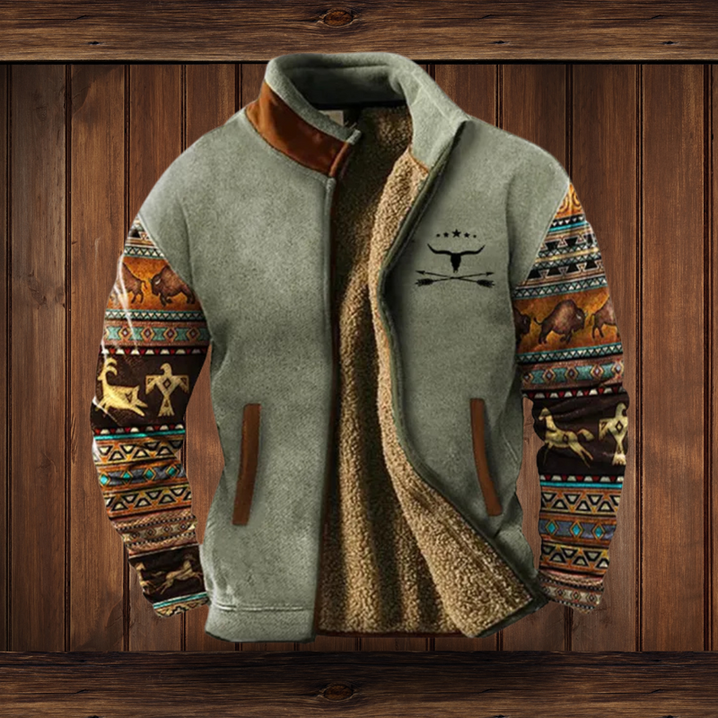 Chaqueta de efecto borreguito con cuello alto para mujer en verde salvia – con mangas estampadas – vista frontal