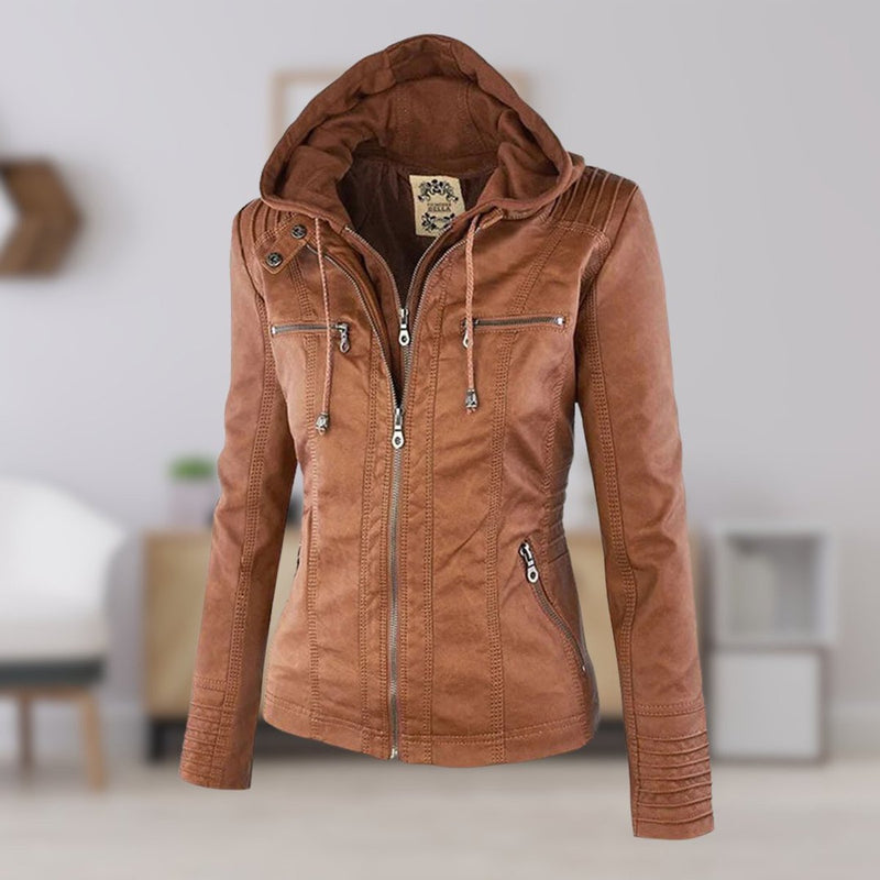 Chaqueta de efecto cuero para mujer con capucha desmontable y corte entallado para el entretiempo