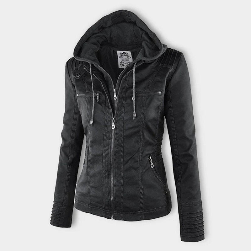 Chaqueta de efecto cuero con capucha para mujer en negro – con capucha sobre fondo gris