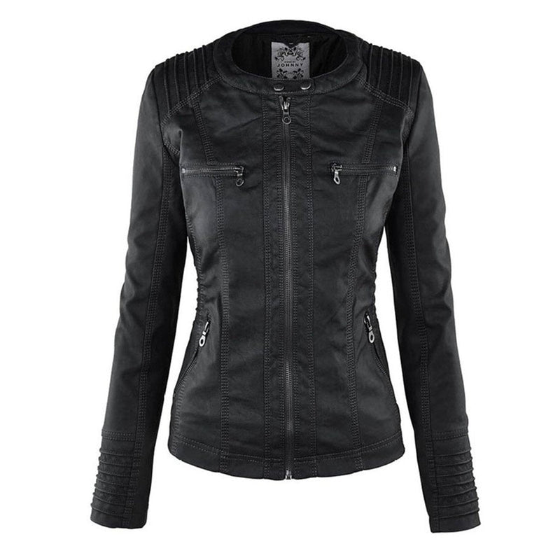 Chaqueta de efecto cuero con capucha para mujer en negro – sin capucha – vista frontal