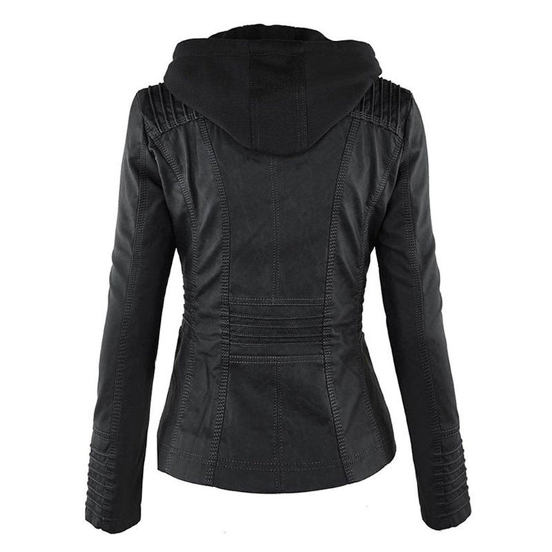 Chaqueta de efecto cuero con capucha para mujer en negro – sin capucha – otra vista