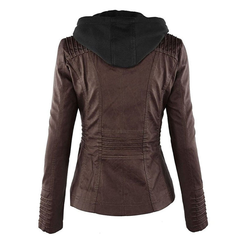 Chaqueta de efecto cuero con capucha para mujer en marrón oscuro – sin capucha – vista frontal