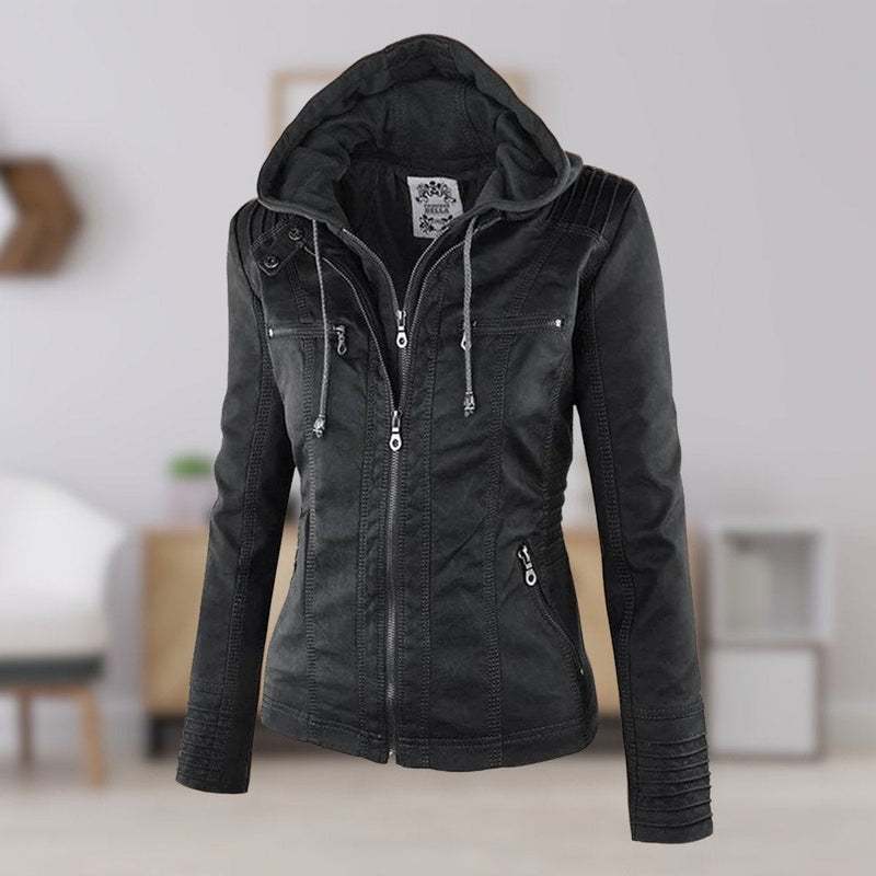 Chaqueta de efecto cuero con capucha para mujer en negro – con capucha – look de interior