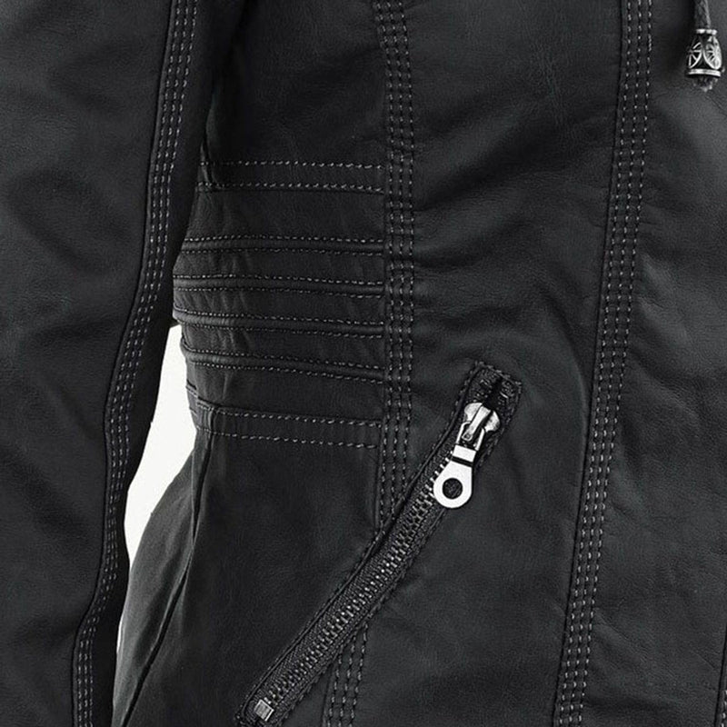 Chaqueta de efecto cuero con capucha para mujer en negro – detalle de los pespuntes