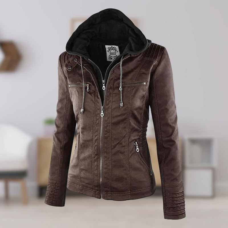 Chaqueta de efecto cuero con capucha para mujer en marrón oscuro – con capucha – look de interior