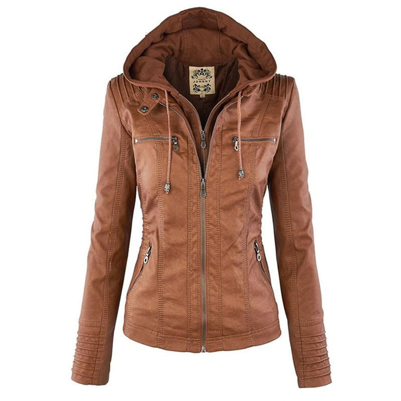 Chaqueta de efecto cuero con capucha para mujer en camel – con capucha – vista frontal