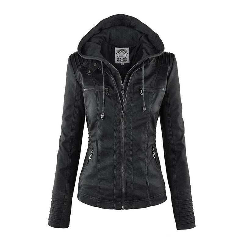 Chaqueta de efecto cuero con capucha para mujer en negro – con capucha – vista frontal