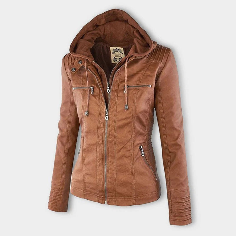 Chaqueta de efecto cuero con capucha para mujer en camel – con capucha sobre fondo gris
