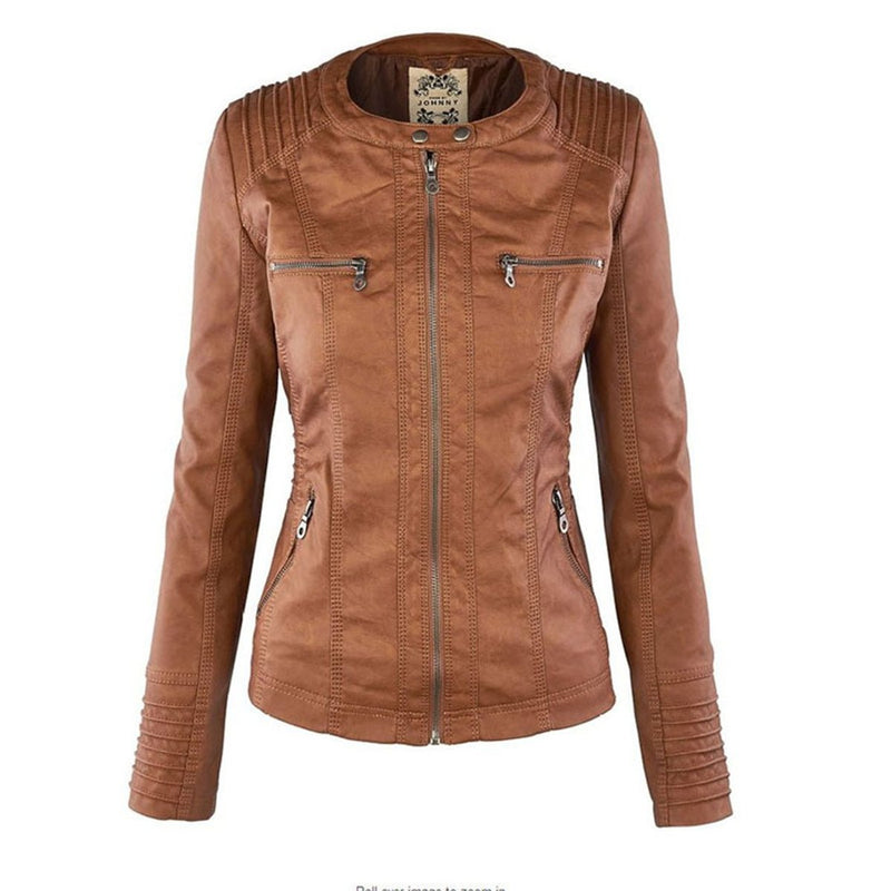 Chaqueta de efecto cuero con capucha para mujer en camel – sin capucha – vista frontal