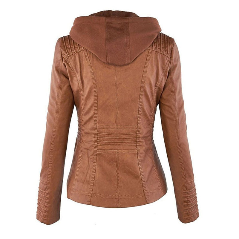 Chaqueta de efecto cuero con capucha para mujer en camel – con capucha – vista trasera