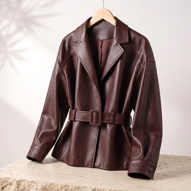 Chaqueta de efecto cuero con cinturón para mujer en marrón oscuro – vista frontal