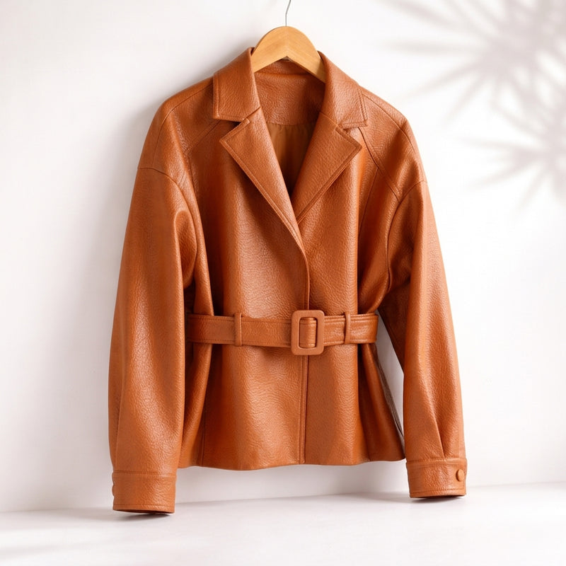 Chaqueta de efecto cuero con cinturón para mujer en camel – vista frontal