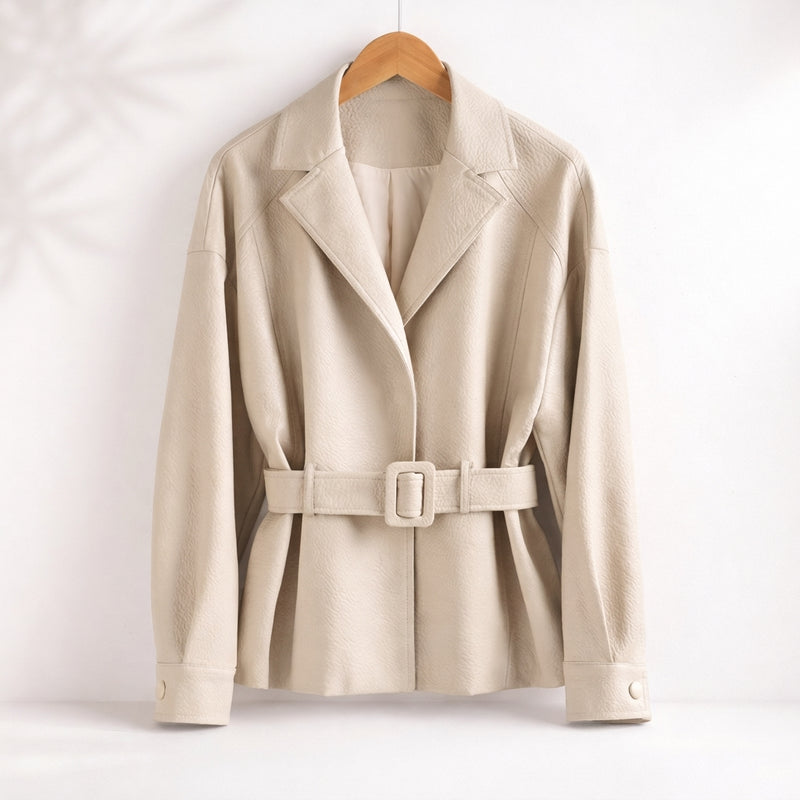 Chaqueta de efecto cuero con cinturón para mujer en crema – vista frontal