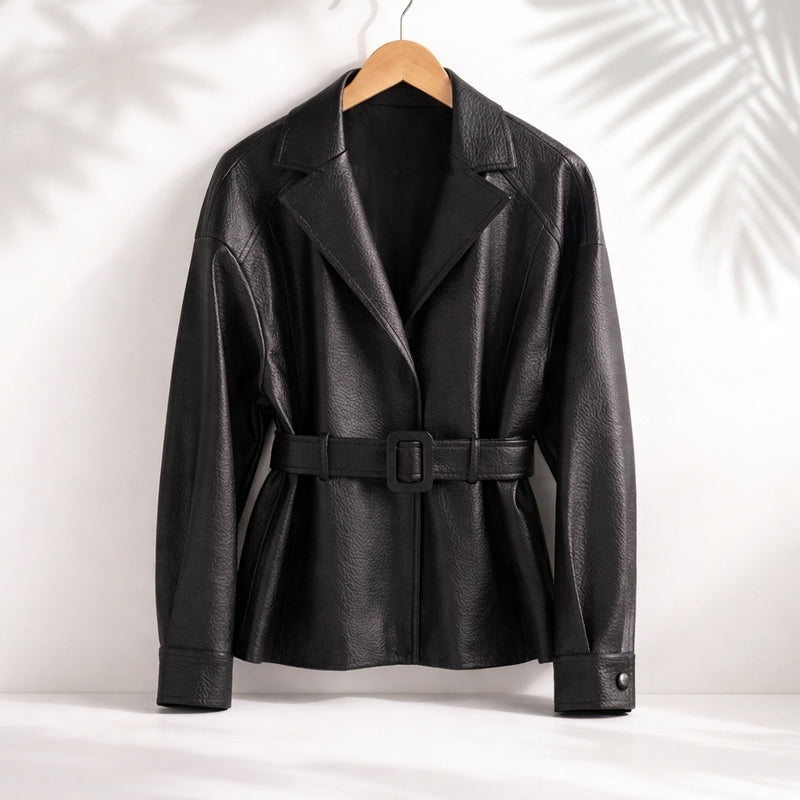 Chaqueta de efecto cuero con cinturón para mujer en negro – vista frontal