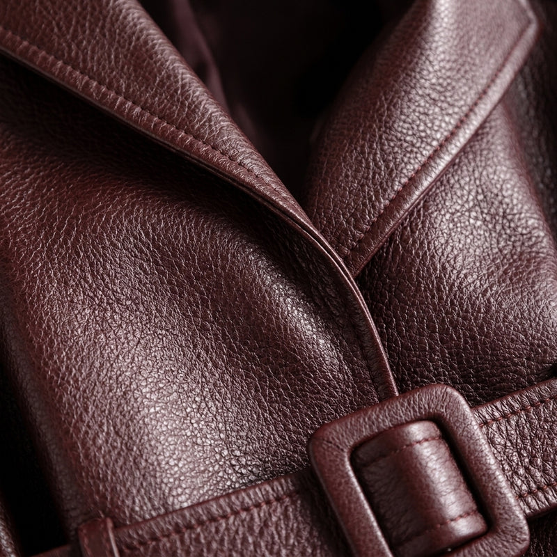 Chaqueta de efecto cuero con cinturón para mujer en marrón oscuro – detalle de las solapas y el cinturón