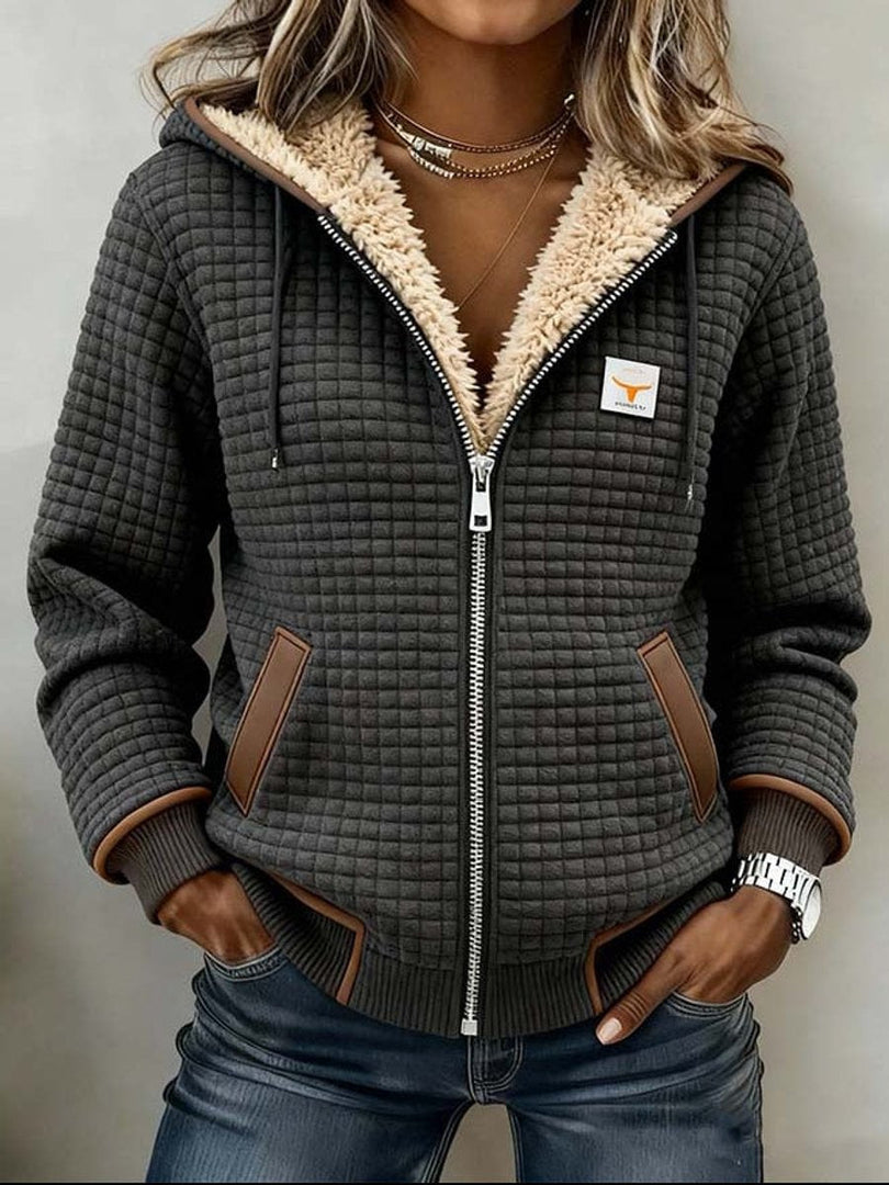 Chaqueta de textura cuadriculada para mujer con capucha y cremallera para el otoño