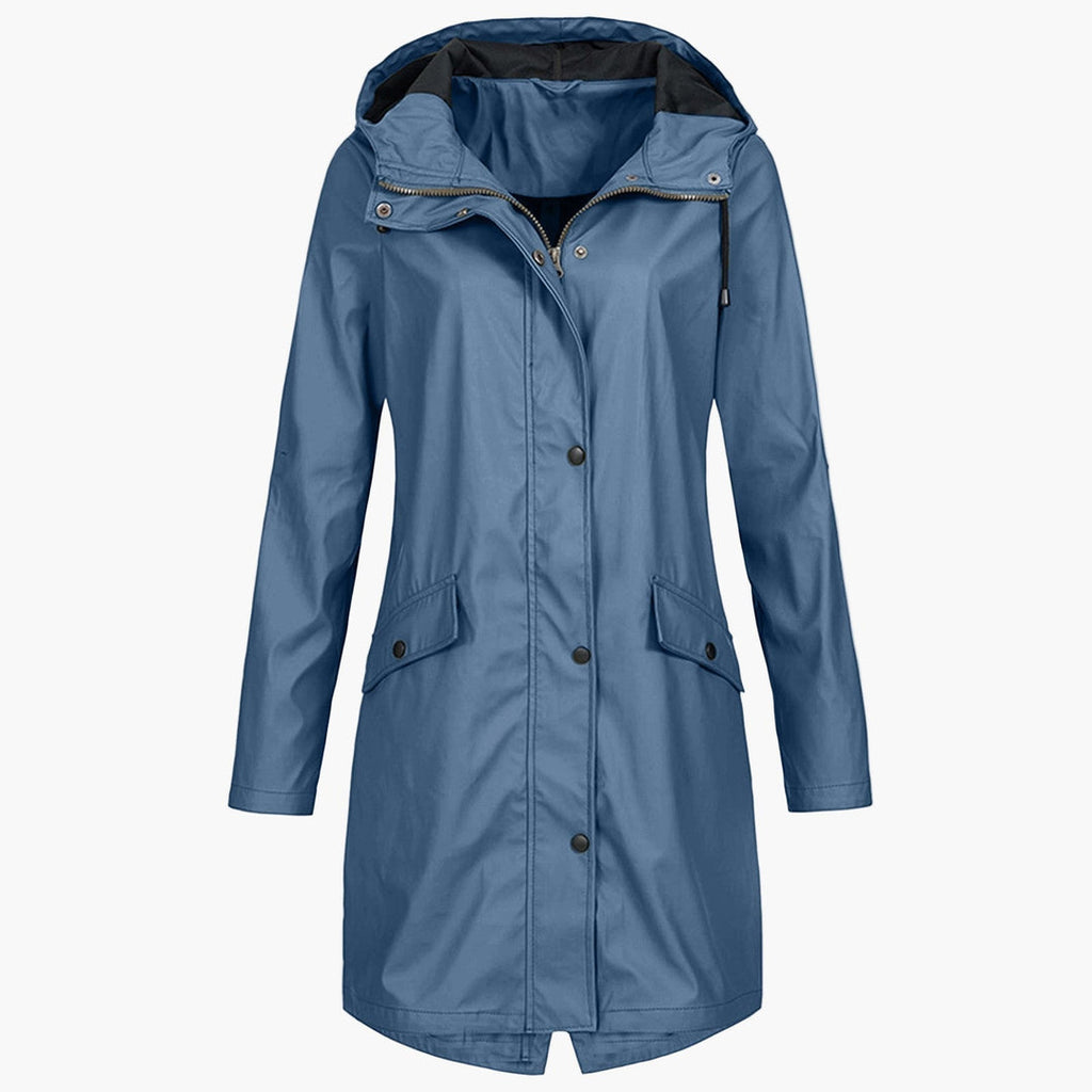 Chaqueta larga con capucha para mujer en azul acero con botones y bolsillos con solapa