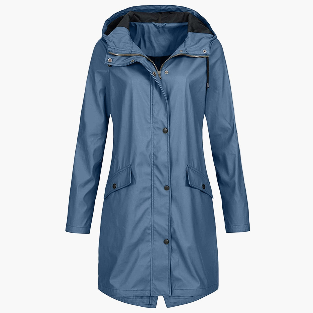 Chaqueta larga con capucha para mujer en azul acero con botones y bolsillos con solapa