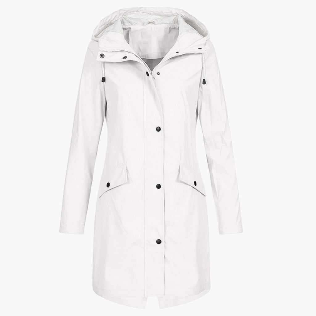 Chaqueta larga con capucha para mujer en blanco con botones y bolsillos con solapa