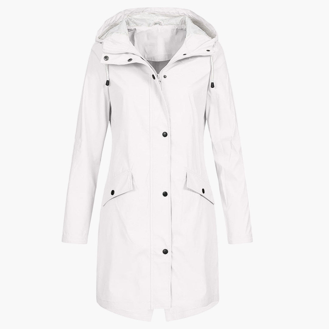 Chaqueta larga con capucha para mujer en blanco con botones y bolsillos con solapa
