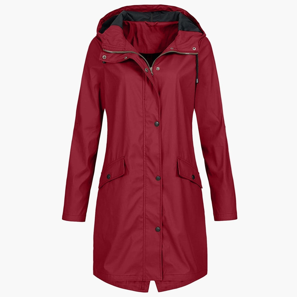 Chaqueta larga con capucha para mujer en rojo con botones y bolsillos con solapa