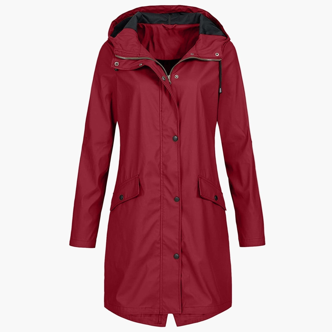 Chaqueta larga con capucha para mujer en rojo con botones y bolsillos con solapa