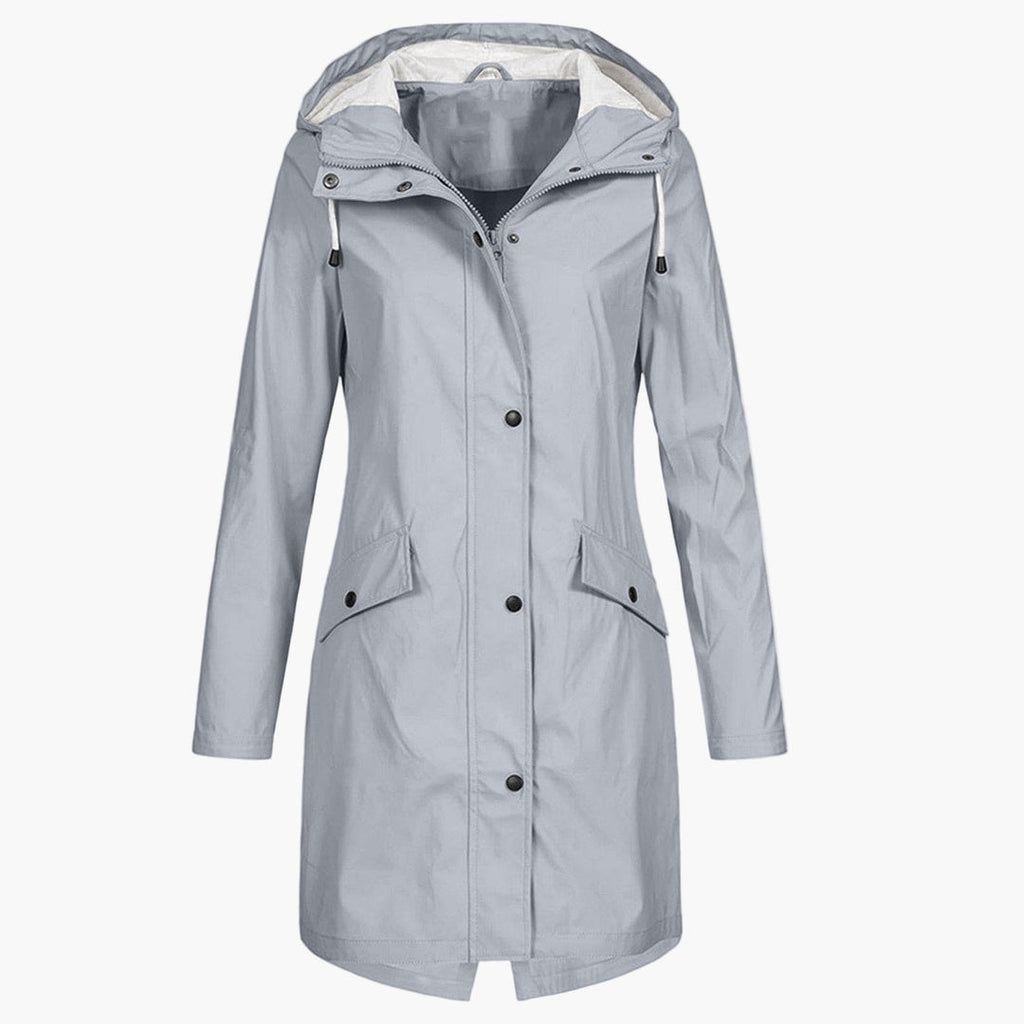 Chaqueta larga con capucha para mujer en gris claro con botones y bolsillos con solapa