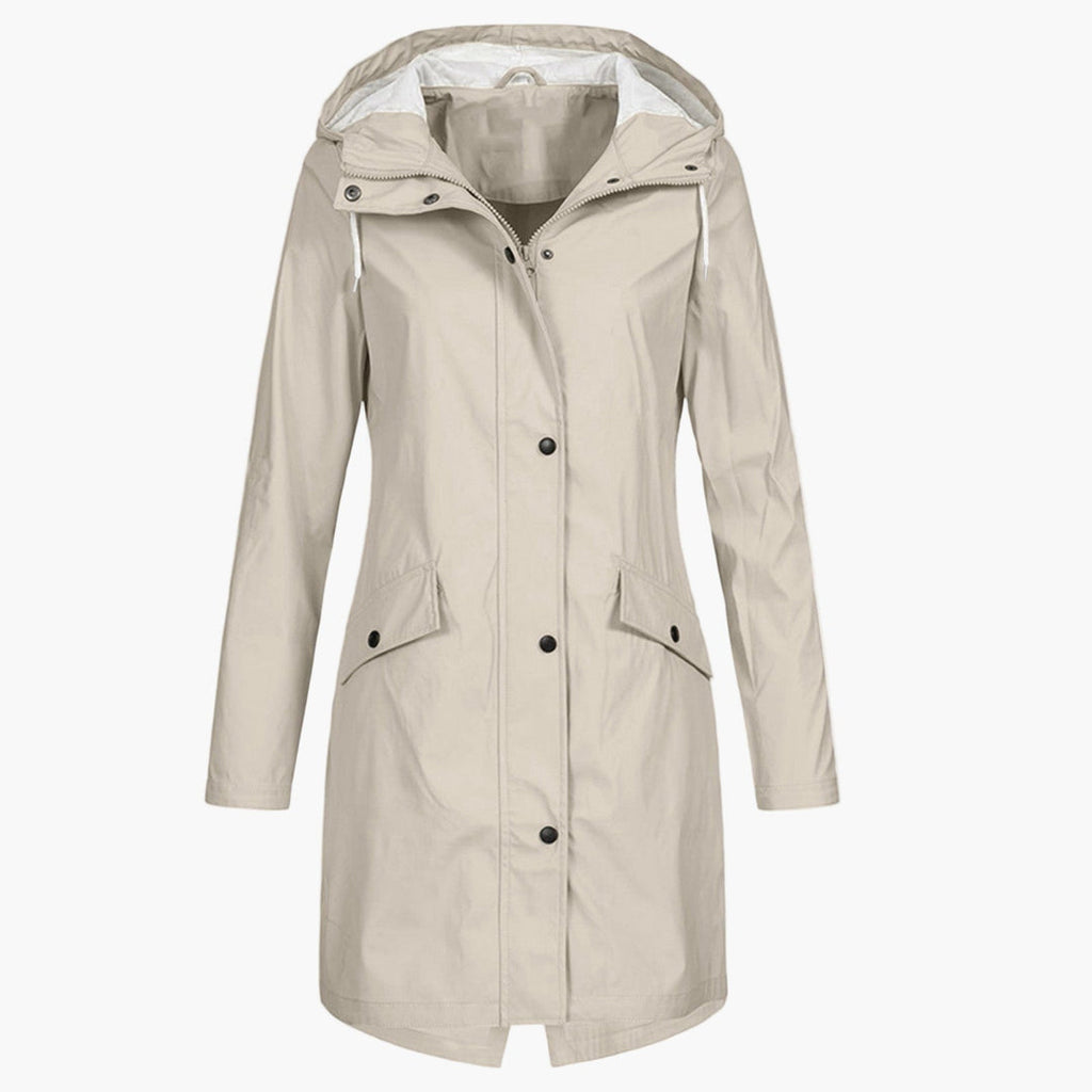 Chaqueta larga con capucha para mujer en beige con botones y bolsillos con solapa