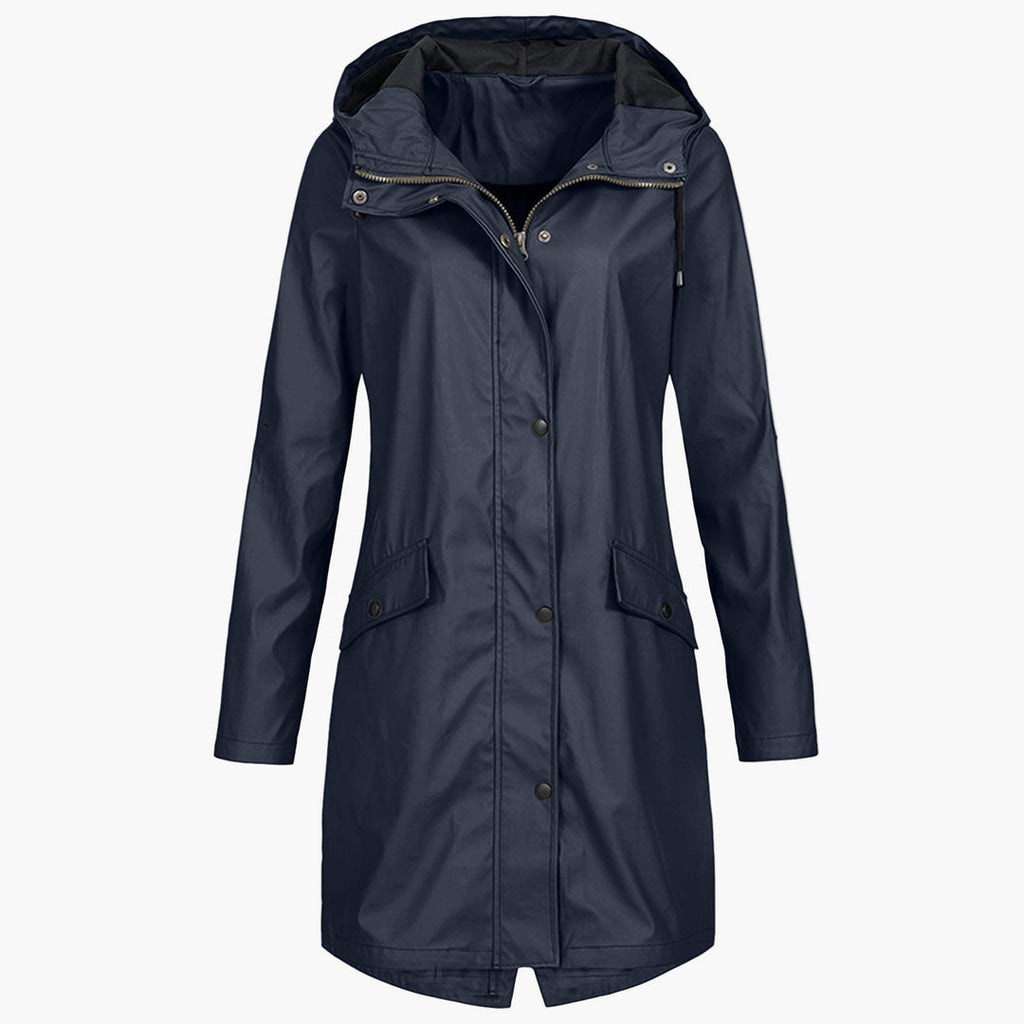 Chaqueta larga con capucha para mujer en azul marino con botones y bolsillos con solapa