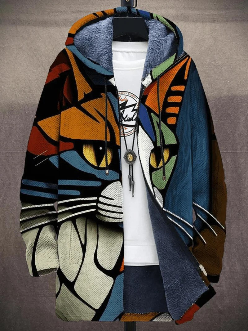 Chaqueta larga con capucha para mujer con estampado artístico y cremallera para el otoño