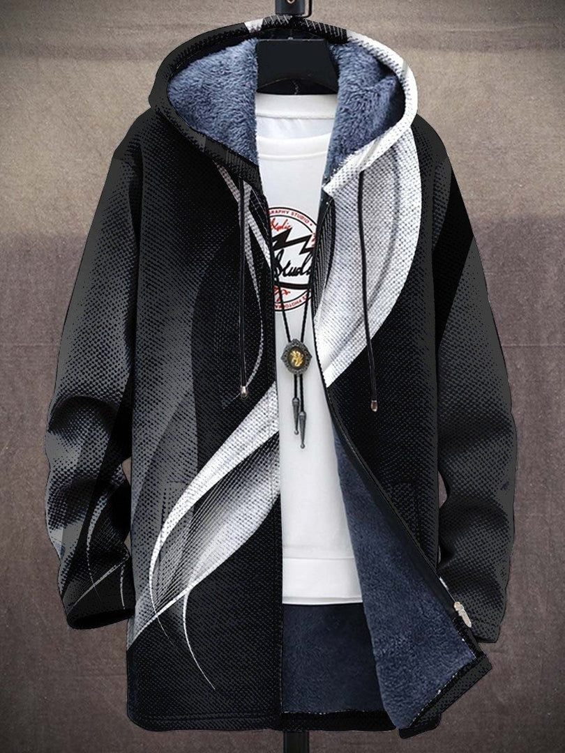 Chaqueta larga con capucha y estampado de trazos en negro y blanco, vista frontal