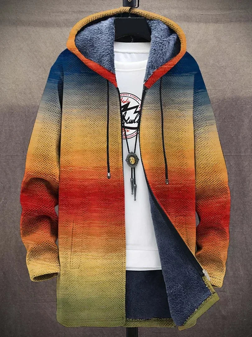 Chaqueta larga con capucha y estampado degradado de franjas amarillas y rojas, vista frontal