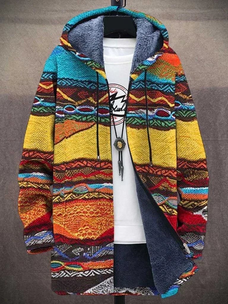 Chaqueta larga con capucha y estampado étnico multicolor, vista frontal
