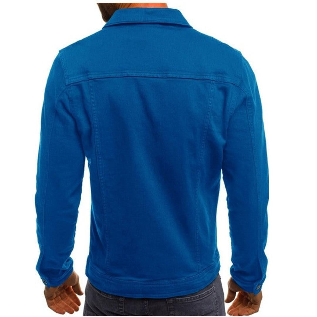 Chaqueta para hombre con cuello de camisa y bolsillos en el pecho en azul, vista trasera