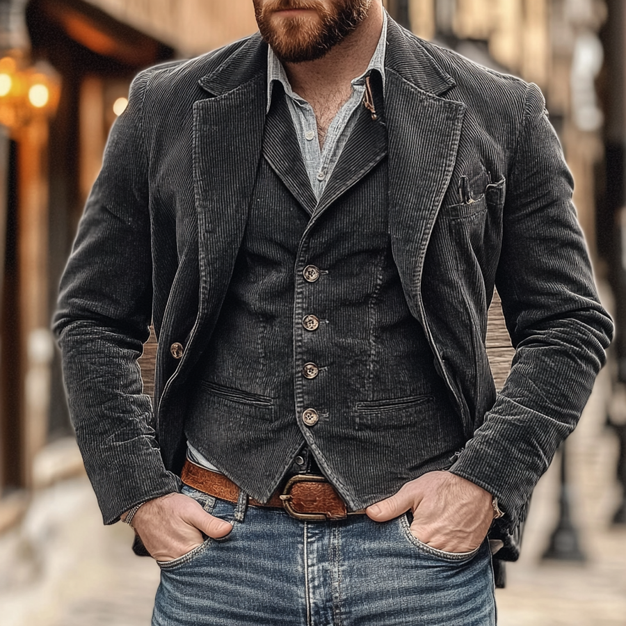 Conjunto de blazer y chaleco acanalado para hombre con botones frontales para el otoño