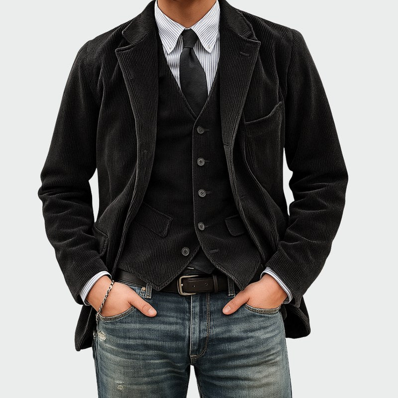 Conjunto de blazer y chaleco para hombre en negro – vista frontal