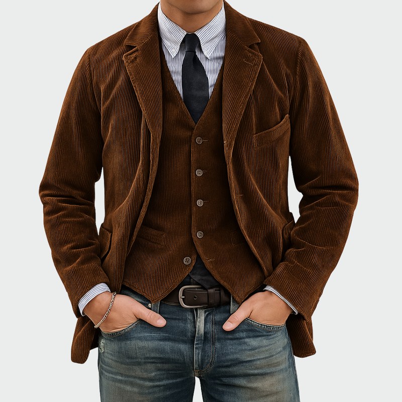 Conjunto de blazer y chaleco para hombre en marrón – vista frontal