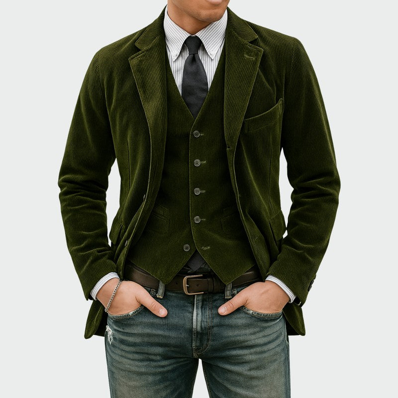 Conjunto de blazer y chaleco para hombre en verde oliva – vista frontal