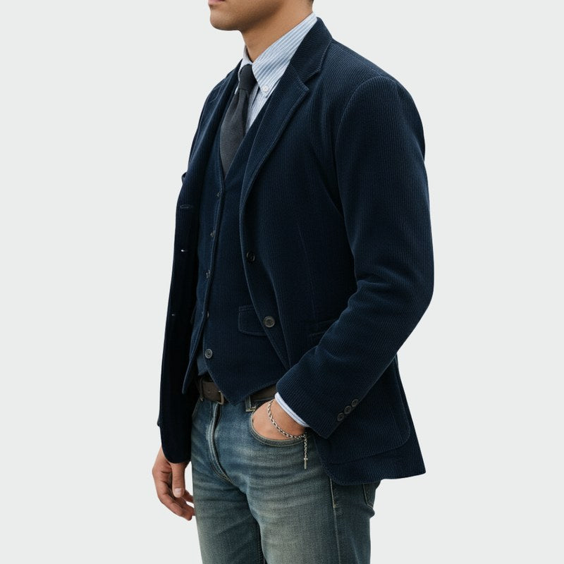 Conjunto de blazer y chaleco para hombre en azul marino – vista lateral
