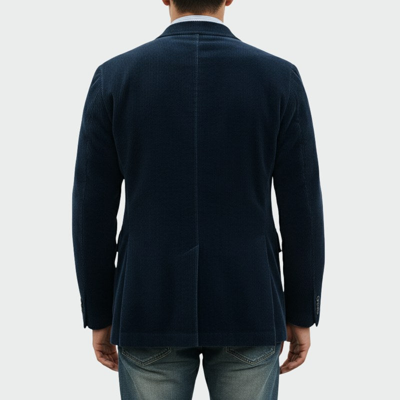 Conjunto de blazer y chaleco para hombre en azul marino – vista trasera