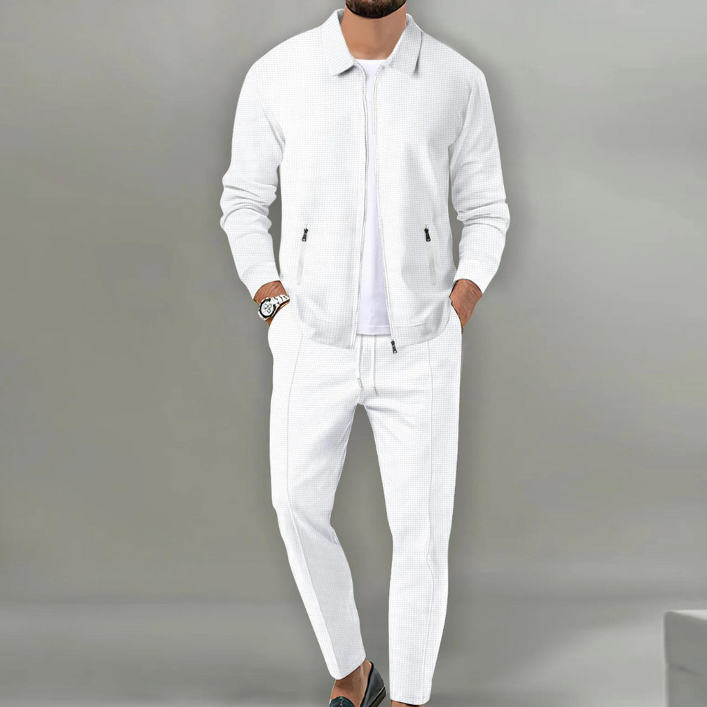 Conjunto de chaqueta con cremallera y pantalón para hombre en blanco