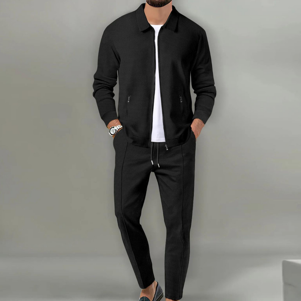 Conjunto de chaqueta con cremallera y pantalón para hombre en negro