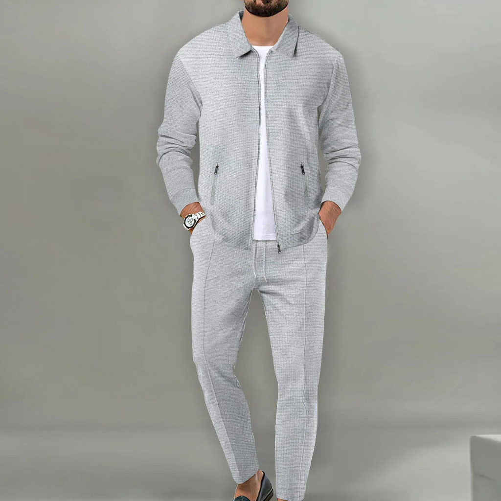 Conjunto de chaqueta con cremallera y pantalón para hombre en gris claro