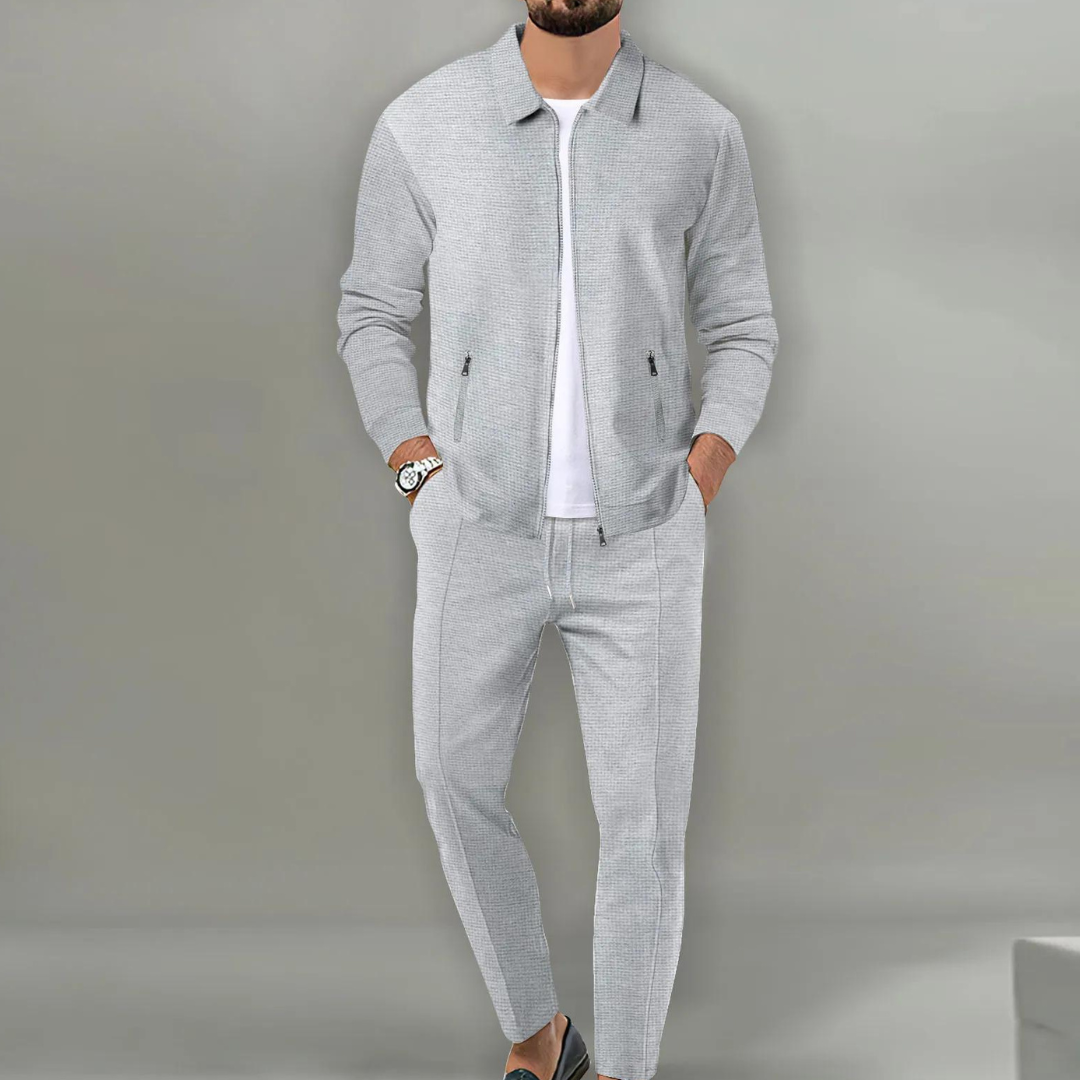 Conjunto de chaqueta con cremallera y pantalón para hombre en gris claro