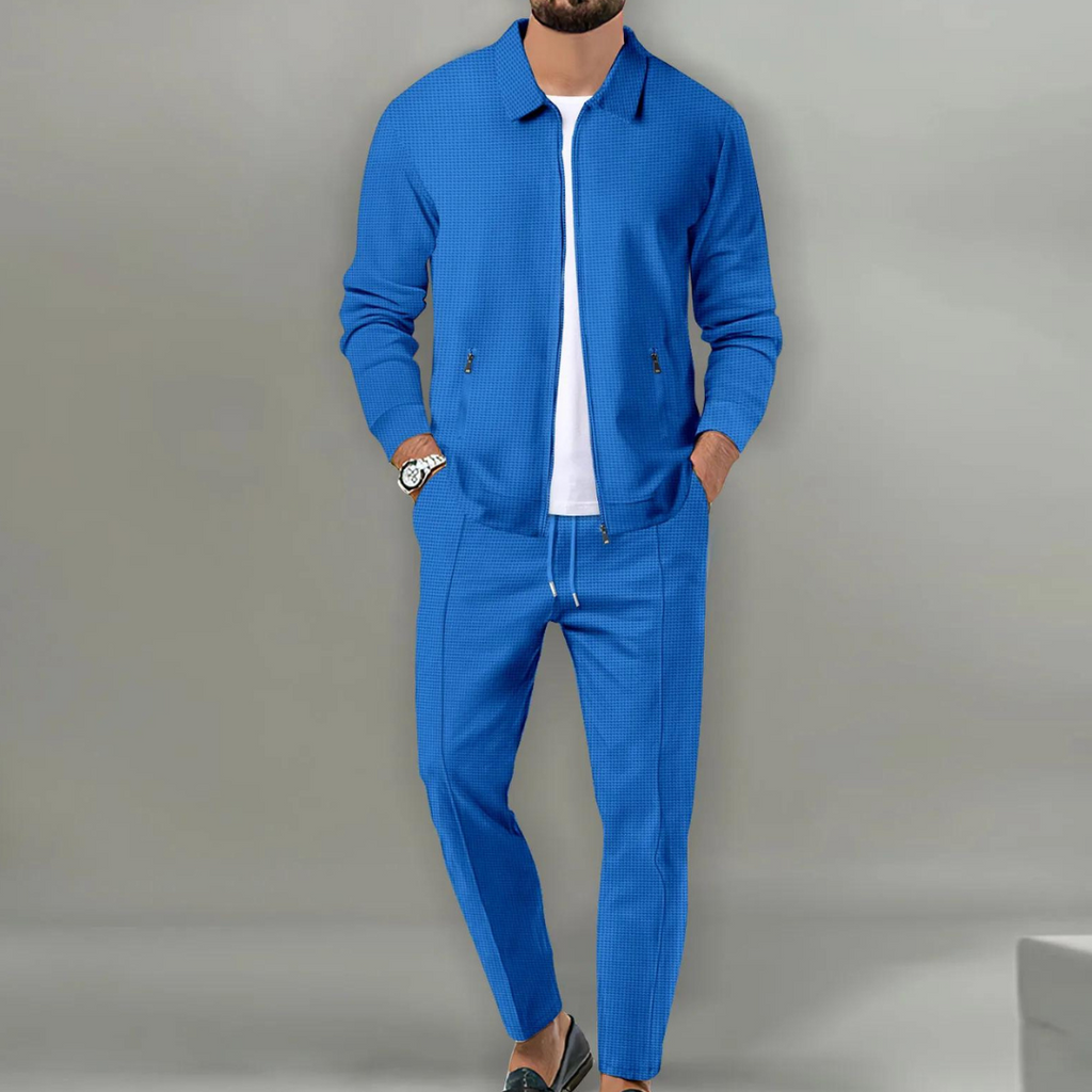 Conjunto de chaqueta con cremallera y pantalón para hombre en azul