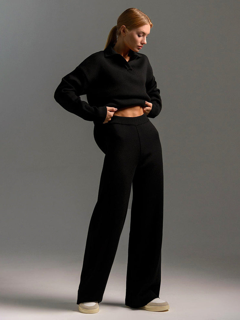 Conjunto de punto para mujer en negro, jersey de cuello polo y pantalón ancho